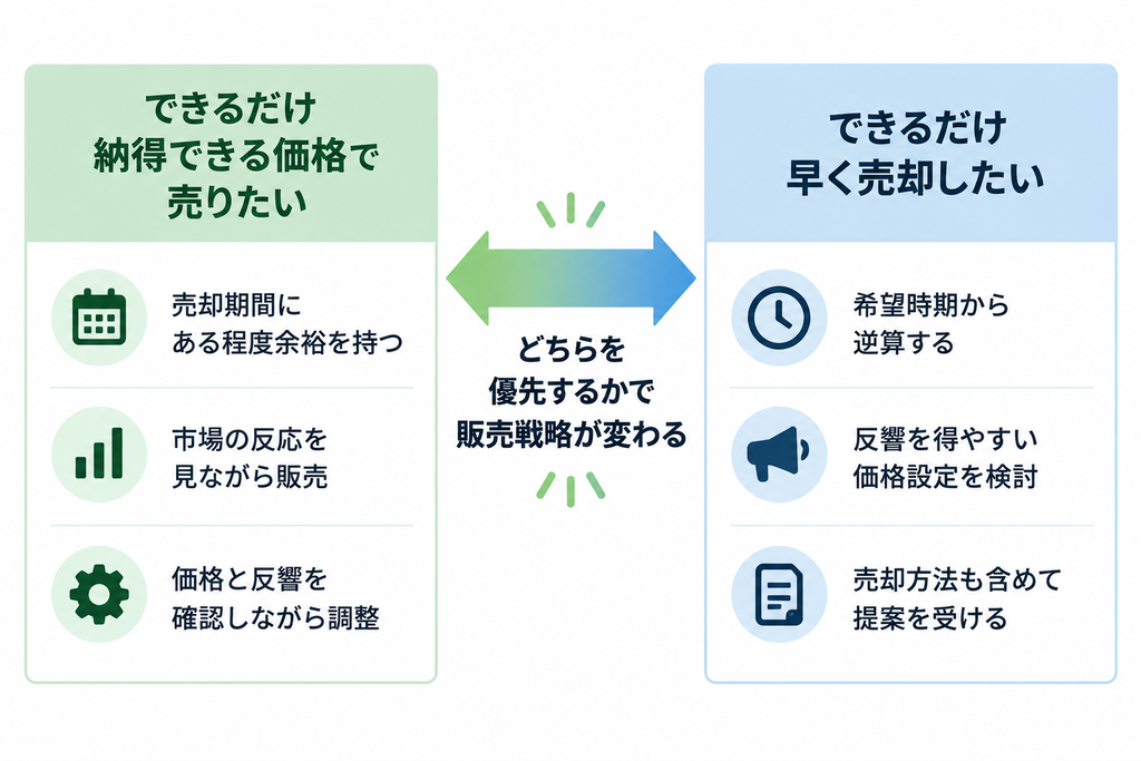 不動産売却で価格重視とスピード重視の販売戦略や優先順位の違いを比較した図解