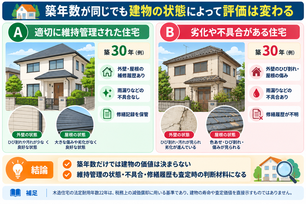 築年数と建物の状態による評価の違い の図解